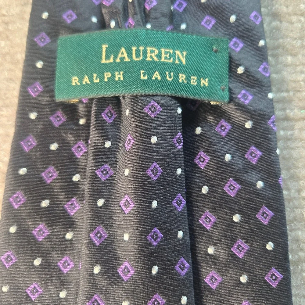 Lauren Ralph Lauren Mens Silk Tie Black Purple Geometric Diamond Hand Finished